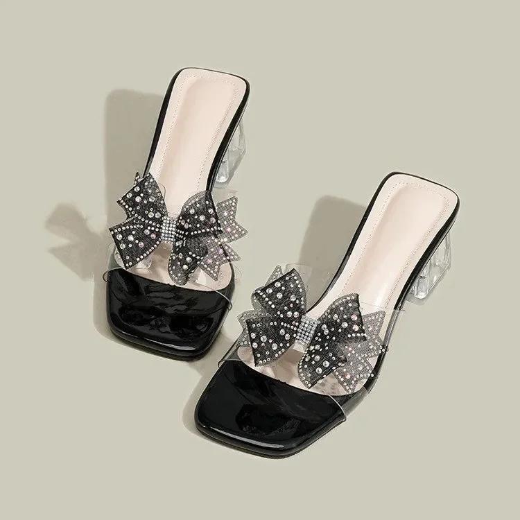 Women Slippers Fashion Square Head Designer High Heel Slippers PVC Transparent Slippers for Women Sweet Bow French Style Slipper