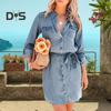 Frühlingskleid für Damen, Umlegekragen, einreihig, Schnürung an der Taille, lange Ärmel mit Brusttaschen, Jeanskleid für den Alltag und Dating