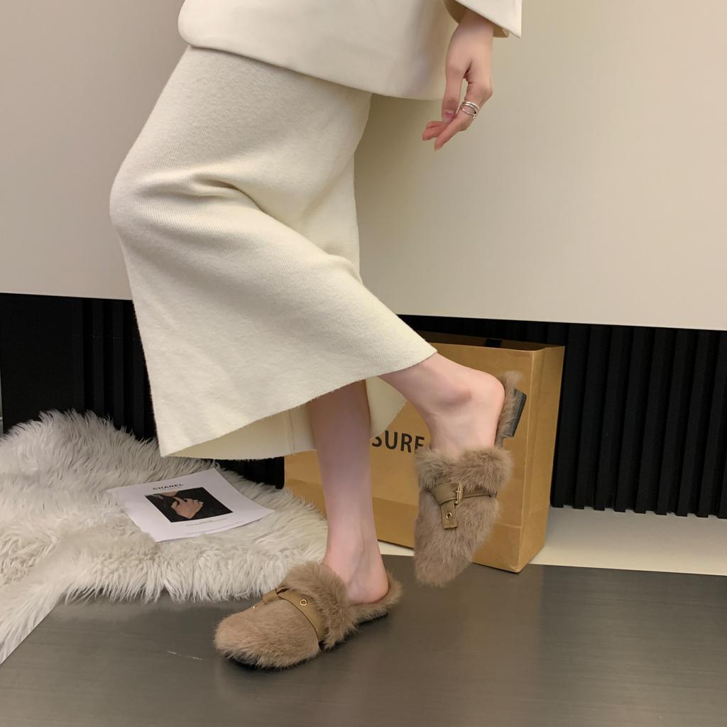 Flat Bottom Internet Celebrity Plush Small Fragrant Bag Head Fluffy Half Slippers Women's Autumn and Winter Wear 2025 New Maternity Cotton Slippers