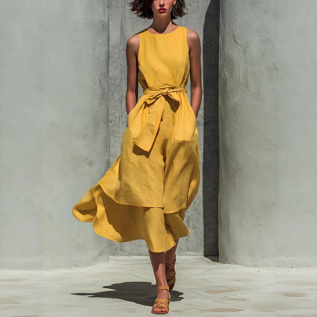 Women Sleeveless Round Neck Solid Color Midi Dress Casual Wrap Front Tie Waist Flounce Hem Vacation Dress