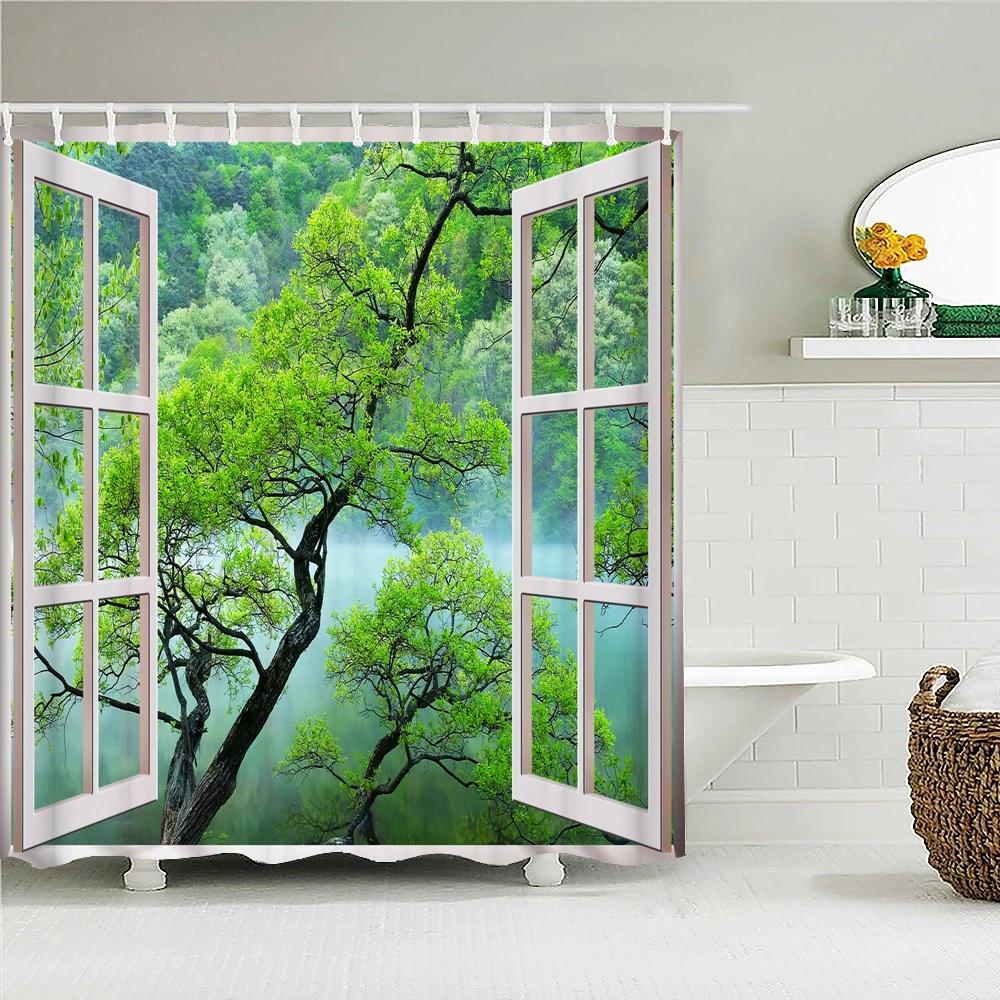 Hochwertiger waschbarer Duschvorhang Naturlandschaft 3D Wasserdichter Stoff Badezimmerdeko Groß 240X180 Bedruckter Duschvorhang