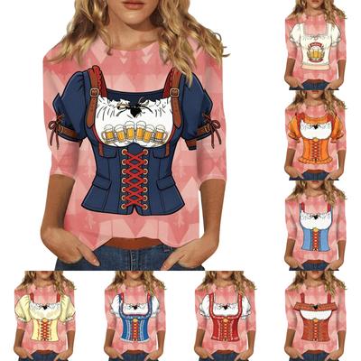 Women Casual Three Quarter Sleeve Oktoberfest Print Round Neck Shirt Lightweight Comfortable Fit Stylish Design