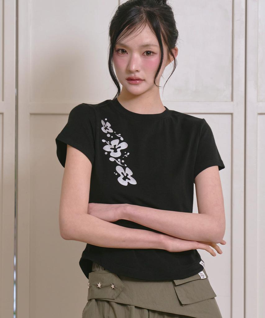 THE GREEN LAB Flower Essential Crop Short Sleeve Tee [Black]