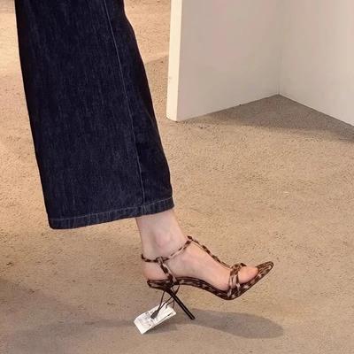 Leopard Print Ankle Strap Women's Sandals Summer Fashion Sexy Stiletto Heel Gladiator Sandals Narrow Strap Party Dress Pumps