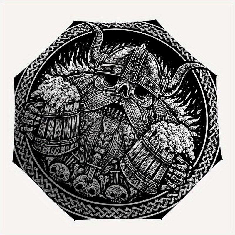 Viking Warrior Skull with Horns Circular Sticker DecalUmbrella, Portable 3-Fold Compact Umbrella,Christmas Gift ES405
