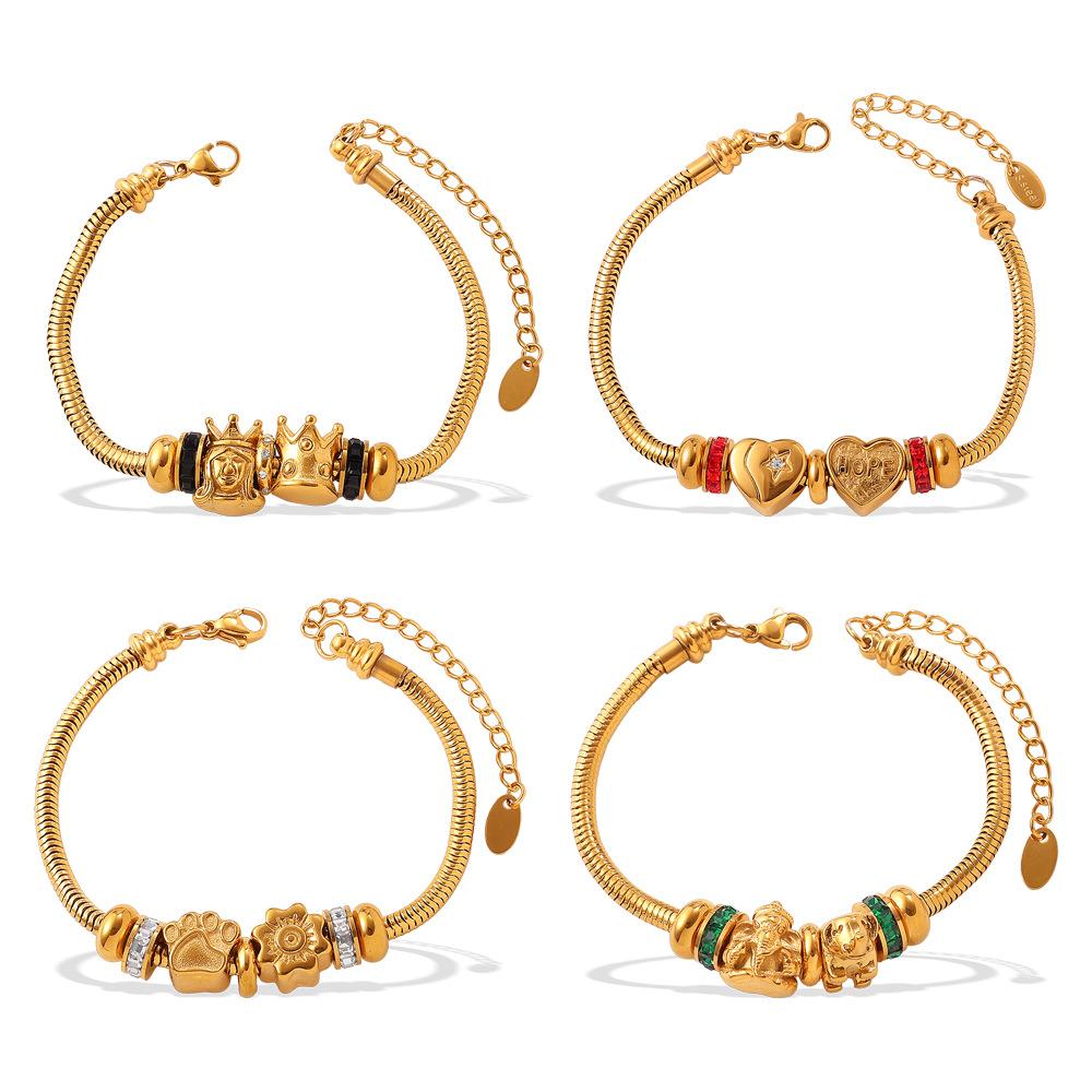 Retro Style DIY Crown Love Pendant Bracelet Stainless Steel Gold-plated Premium Bracelet