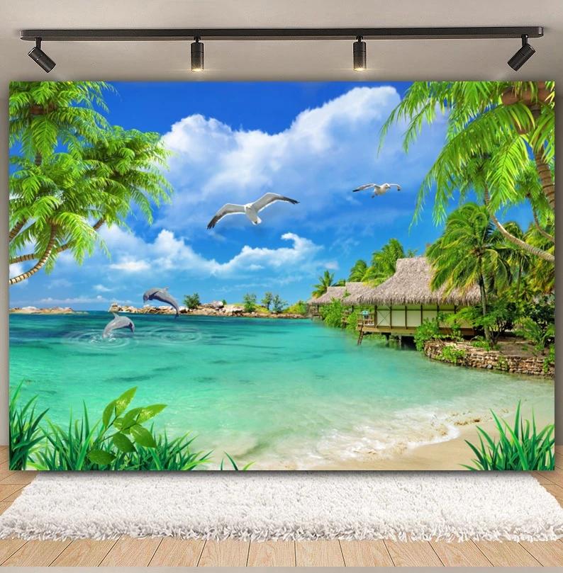 Tropical Beach Ocean Photography Backdrop Summer Seaside Palm Tree Nature Scenery Baby Birthday Holiday Party Photo Background