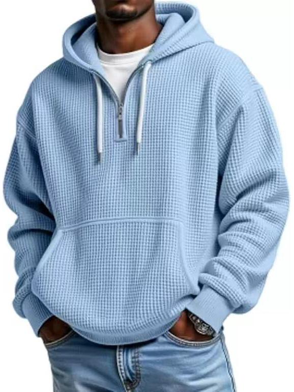 European Heavyweight Waffle Long Sleeve Hooded Sweatshirt - Men's Loose Fit, Pure Color, Casual Style