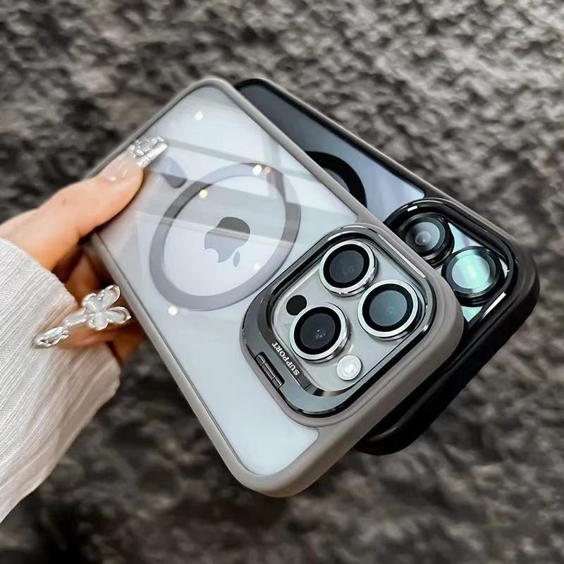 KEYSION Magnetic Transparent Phone Case for MagSafe for iPhone 11 12 13 14 Pro Max Lens Protector Metal Stand Shockproof Cover