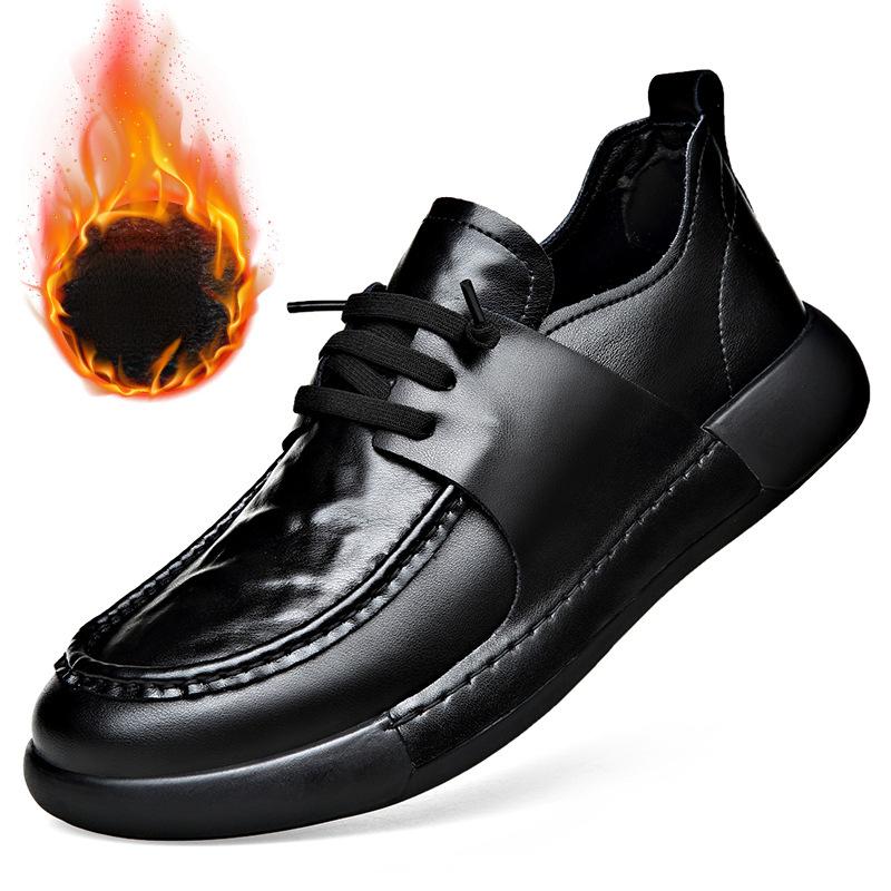 FashionAutumn Winter Cow Leather Men's Dress Shoes Fashion Casual Men's Round Toe Lace-up Shoes Black New Designer Loafers Male