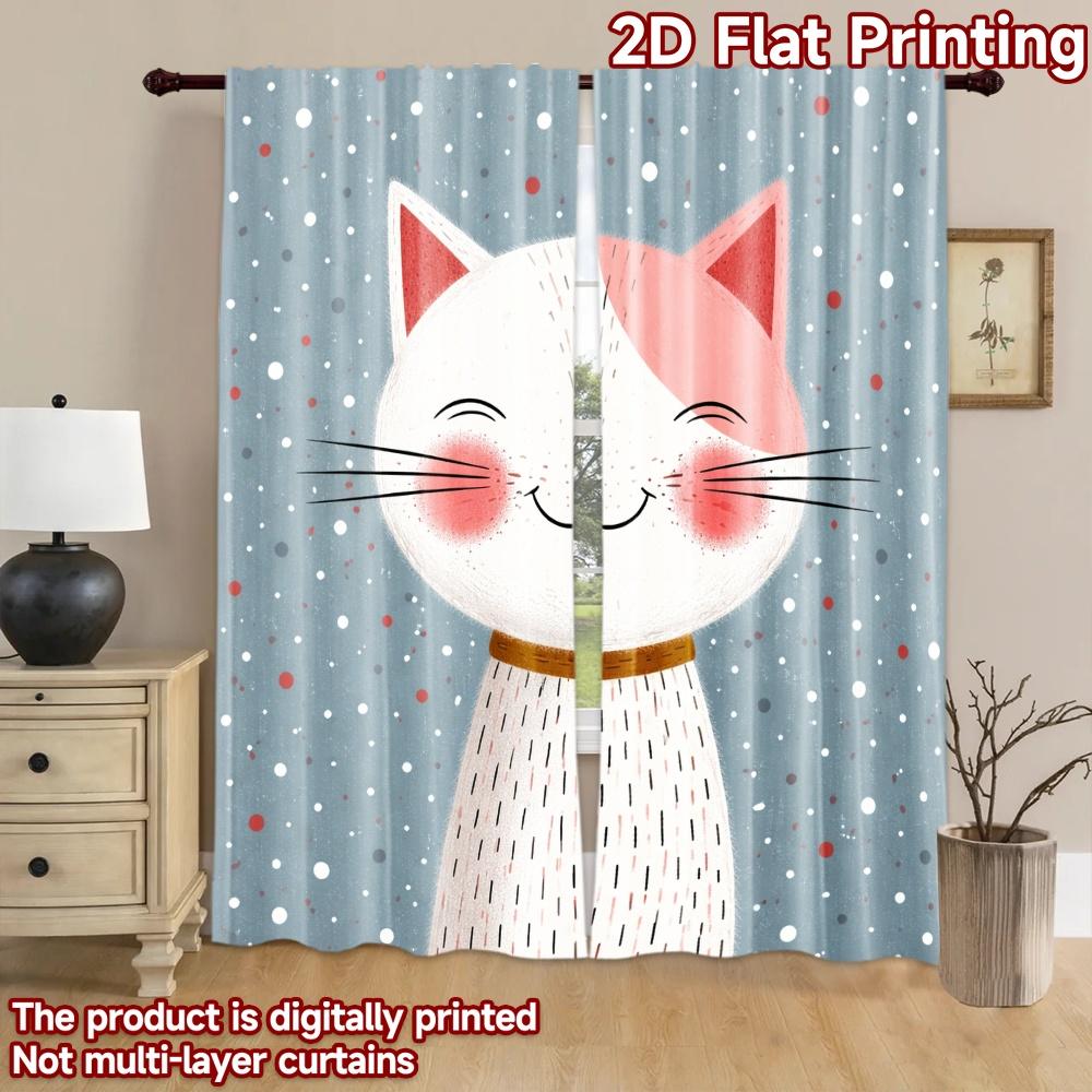 2D Flat Printing 2pcs Curtain Curtain Smiling Cat In Snow Digital Printed Polyester Drapes Family Party Use for Festive for