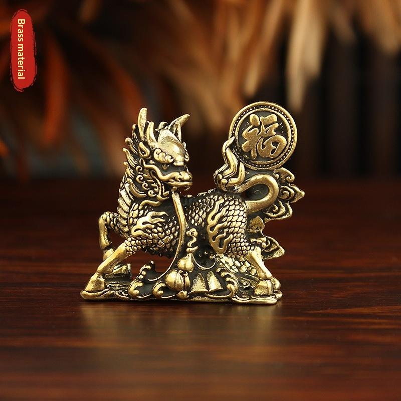 2Pcs/Set Brass Fu Character Kirin Small Ornament Home Office Copperware Tea Pet Decoration