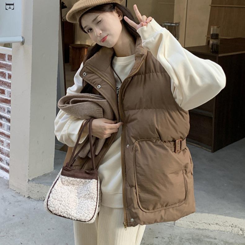 Women's Autumn Winter Korean Style Stand Collar Loose Outer Wear Sleeveless Cotton Padded Jacket Cotton Gilet Waistcoat