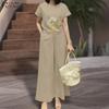 Women Short Sleeve Embroidery Blouse and Pants Summer Two Piece Suit Sets