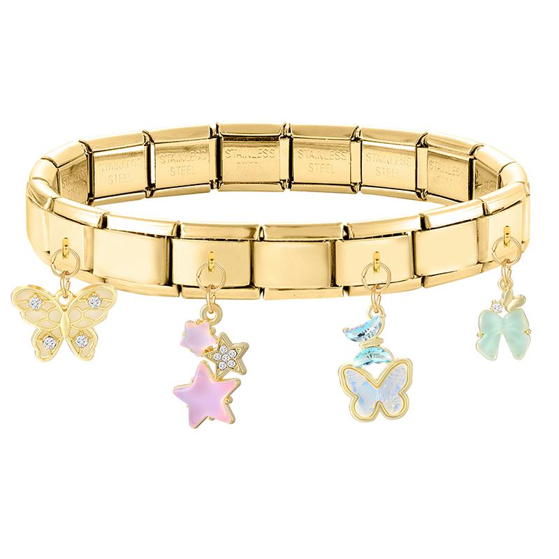 New Y2K Gold Color Butterfly Moon Bow Shell Star Pearl Pendant Italian Charm Link Fit 9mm Stainless Steel Bracelet DIY Making