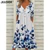 Women's Fashion Summer Spring Flower Pattern Print Short Sleeve V-Neck Loose Waistline Casual Dresses