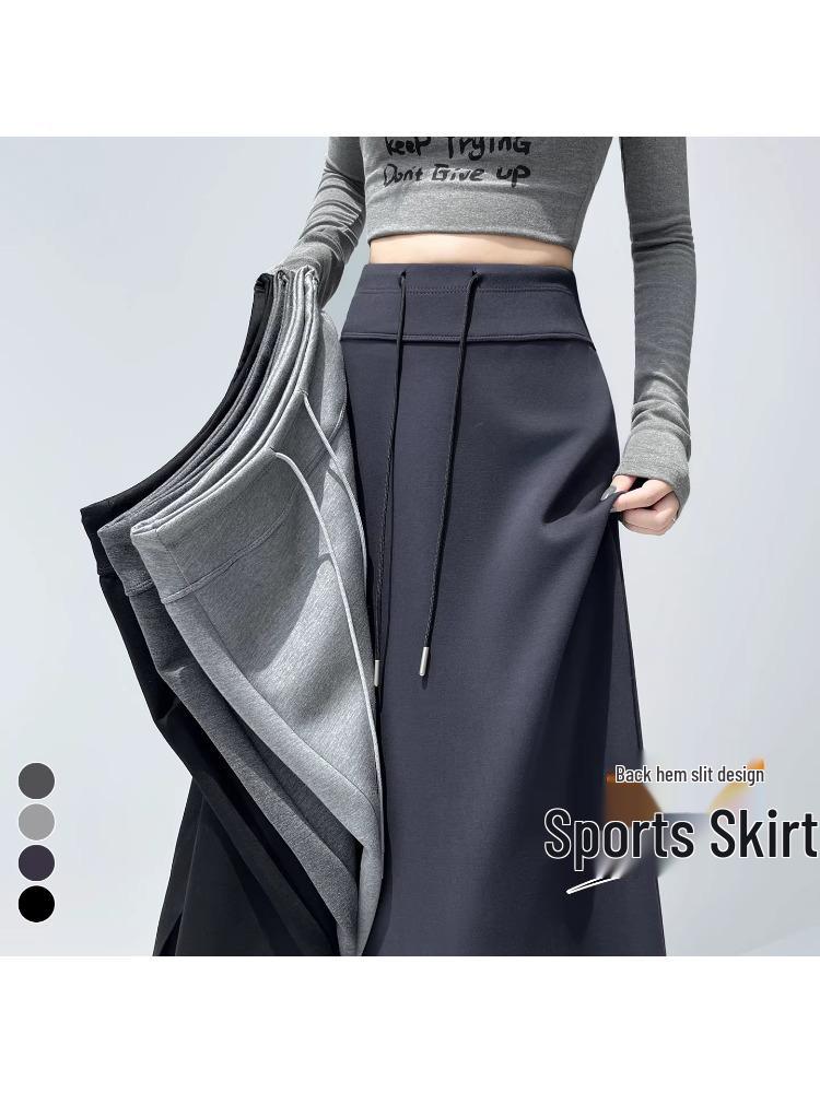 Women's Gray Elastic Waist A-Line Mini Skirt - Sporty High Waist, Bodycon, Slit, Casual Autumn Wear for Petite