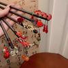 Ancient Style Retro Red Hair Stick Vintage Chinese Hairpin Headwear Red Rose Fringe Hairpin Girls