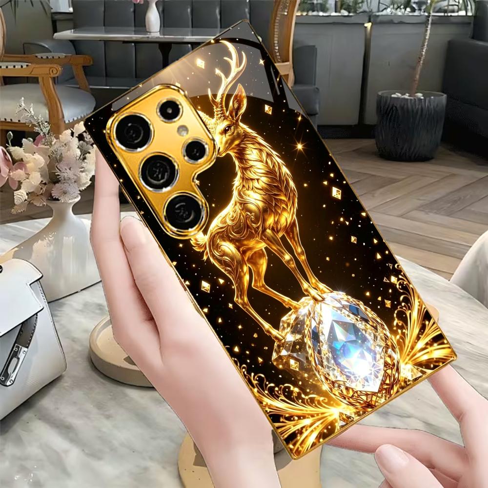 Auksinis elnias su kristalų spaudiniu telefono dėklas stiklinis s26 ultra dėklas mobiliesiems telefonams Samsung Galaxy S26 S25 S24 S23 S22FE Ultra Plus