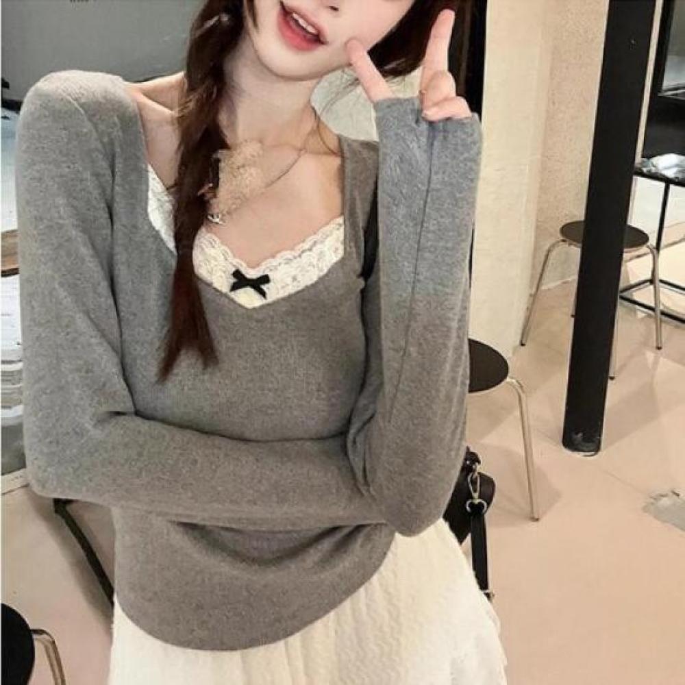 New Arrivals Open Run Women Square Neck Ribbon Lace Slim Long Sleeve Knit