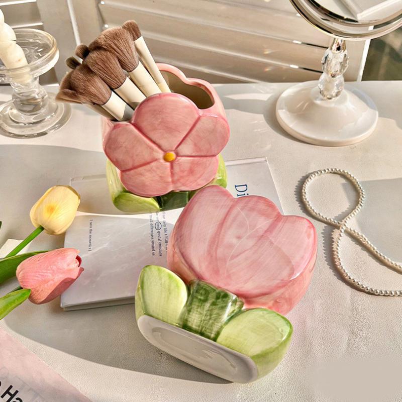 Tulip Flower Makeup Brush Storage Bucket Office Brush Holder Bedroom Desktop Storage Decorative Tray Ornament