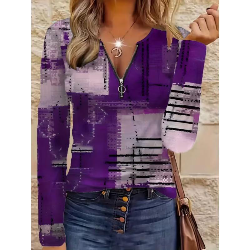 Haut élégant pour femme à imprimé, à fermeture éclair et manches longues, stylé et polyvalent pour l'automne et l'hiver, pour un usage décontracté et au bureau, lavable en machine