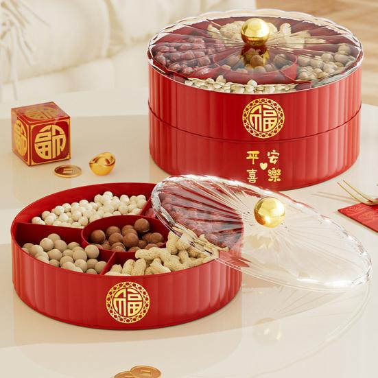 Single/Double/Triple Layer Divided Serving Tray with Lid Chinese New Year Serving Bowl Decorative Dessert Dish Snacks Platter for Spring Festival