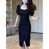 Korean version of temperament square neck dress summer new design bubble sleeve medium and long split hip skirt