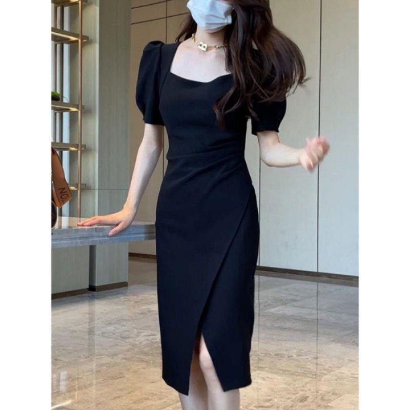Korean version of temperament square neck dress summer new design bubble sleeve medium and long split hip skirt