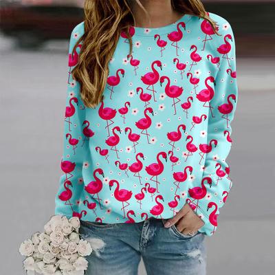 Fall Autumn Women'S Fashion O Neck Long Sleeve T-Shirt Loose Clothes Bird Print T Shirt
