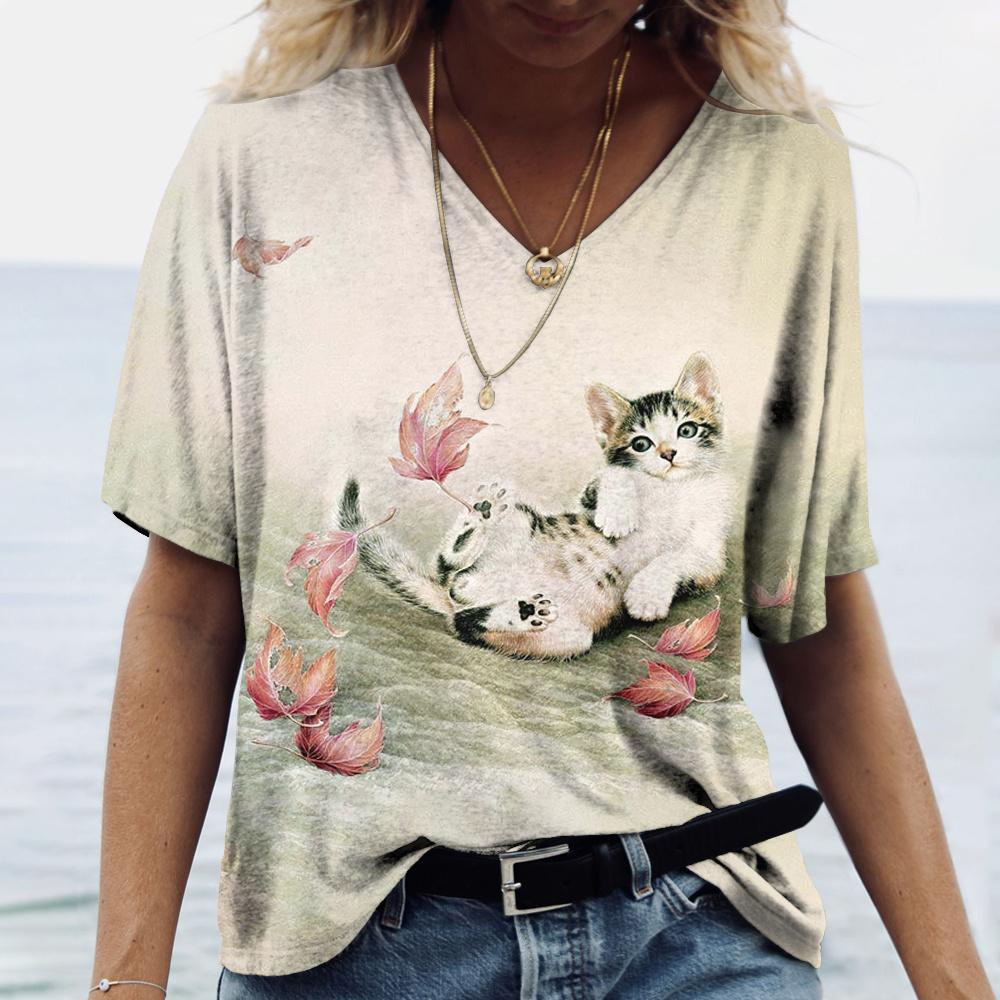 Women's T Shirt Manga Cat 3D Print Harajuku Summer Short Sleeve Top V-Neck Casual Women's Clothing Oversized Tees Shirt