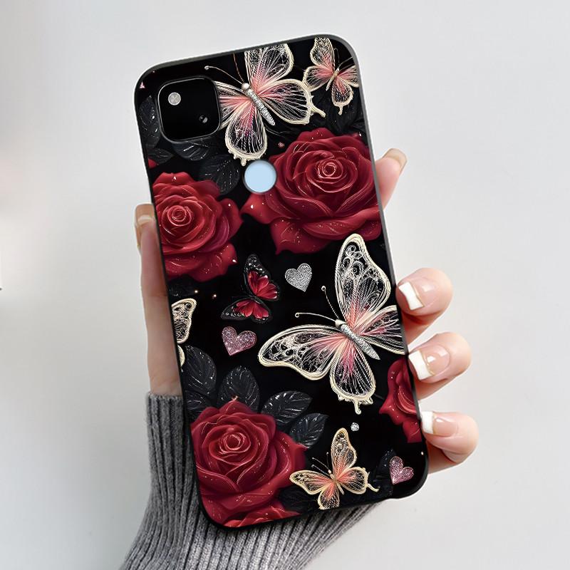 Case For Google Pixel 4a Luxury Fashion Butterfly Flowers Soft Matte TPU Silicon Back Cover Black For Pixel4a 4G 5G Phone Case