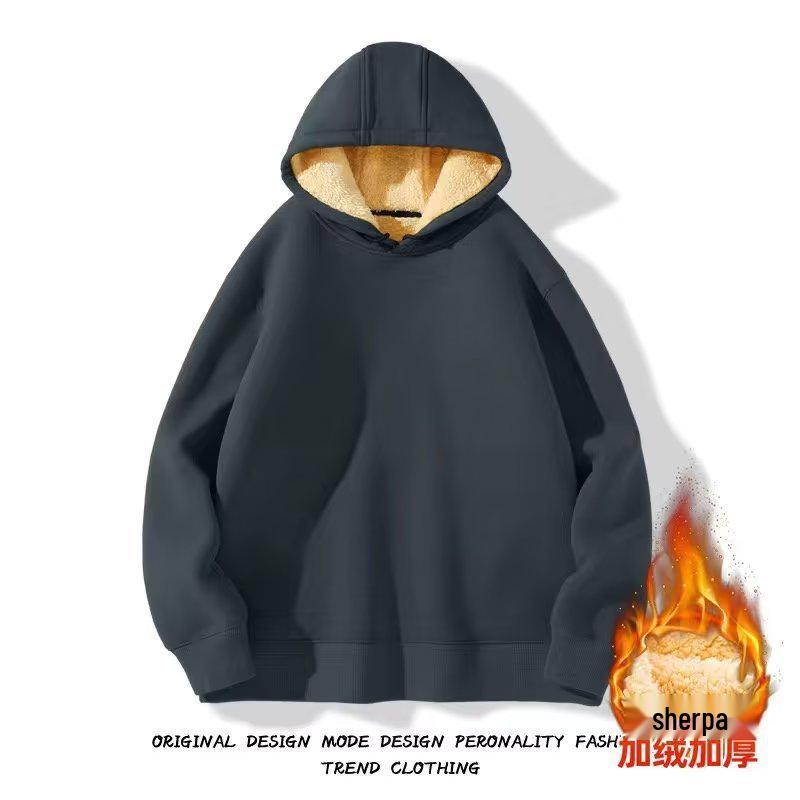 Winter Boys Lambswool Hoodie - Velvet Thickened, Solid Color, Trendy, Versatile Outerwear