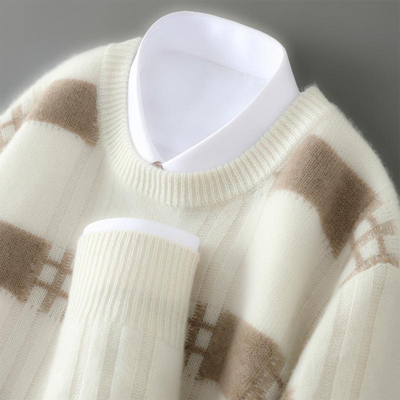 Round Neck Color-blocking Striped Cardigan Men's Autumn and Winter Fashion Versatile Cashmere Knitted Base Shirt Comfortable and Warm Sweater