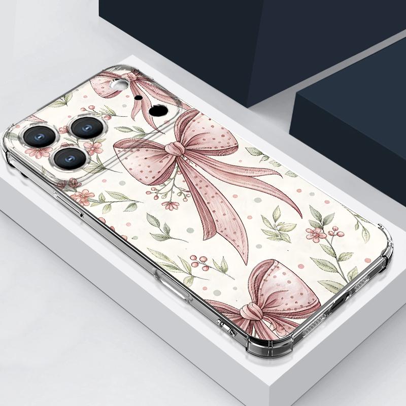 Coque à motif nœuds roses pour iPhone 17 Pro Max Coque iPhone 16 15 14 13 Pro Max 11 Housse en silicone souple transparente antichoc