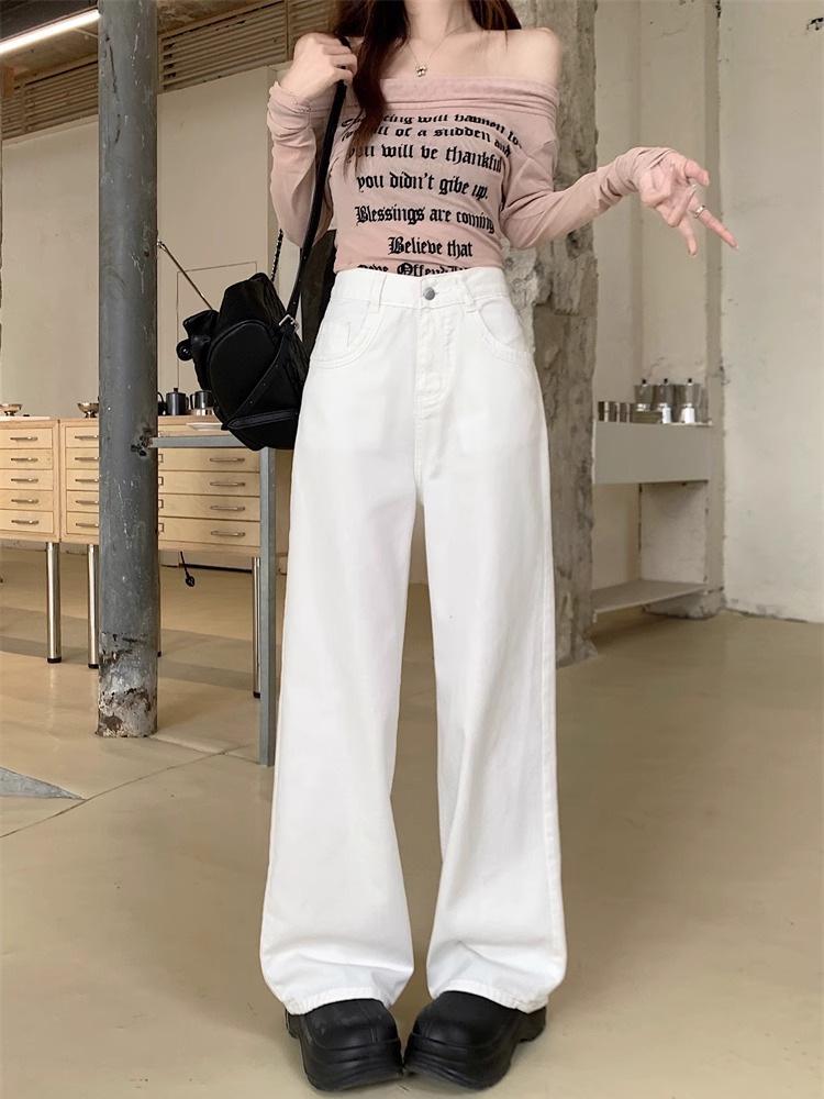 White Plus Size Straight Leg Jeans for Women - Spring/Autumn New Arrival, Pear Shaped Fit, Loose, Slimming, Wide Leg, Floor Length Pants
