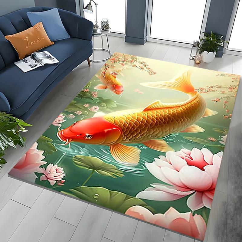 2026 Nouveau Tapis Rétro Poisson Koi Lotus 3D pour Chambre à Coucher Salon Canapé Tapis de Sol Maison Décoration,Grand Tapis de Sol Antidérapant pour Jeux d'Enfants
