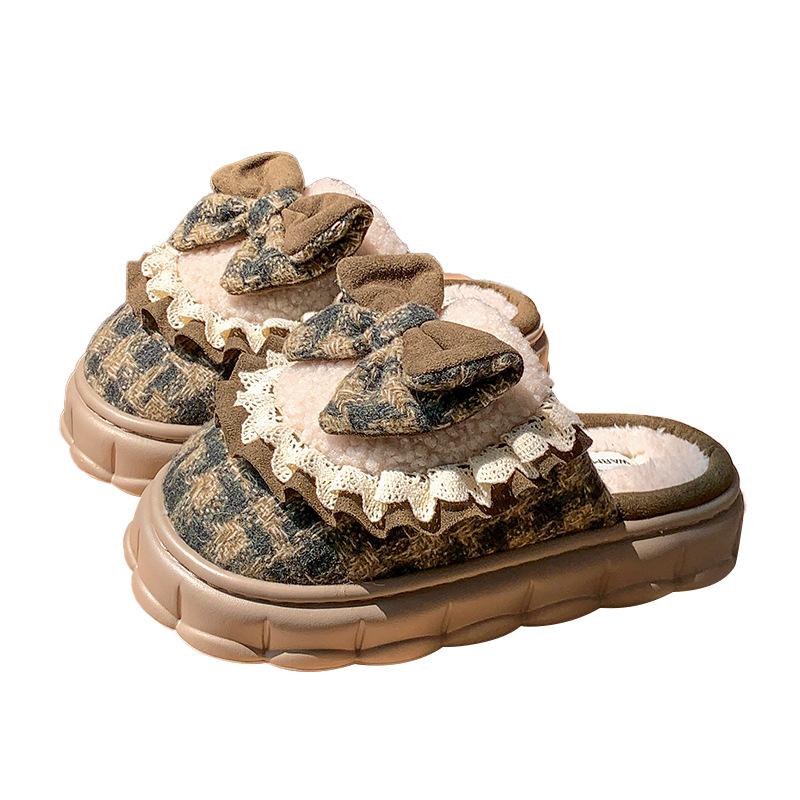 Retro fashion bow cotton slippers autumn and winter velvet warm home versatile student winter indoor cotton mop