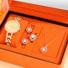 5Pcs Luxury Personalized Ladies Gold Chain Strap with Diamond Quartz Watch Geometric Round Girls Pendant Necklace Earrings Ring