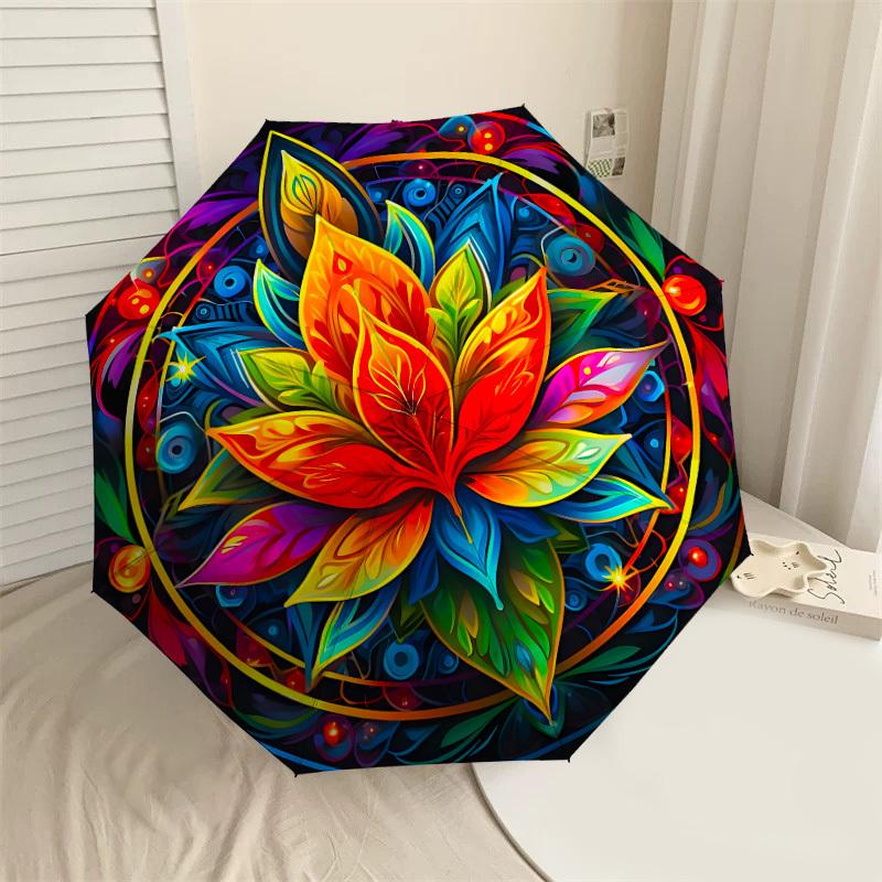 1PC Lotus Mandala Umbrella-8-Rib Reinforced, Automatic Open, Lightweight & Durable, Cute Fashion Accessory for Outdoor, Beach, or Casual Use, Beach Um