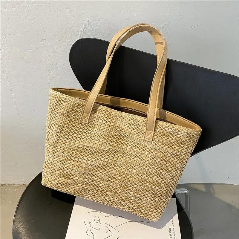 Yogodlns Summer Straw Bag Women Large Capacity Weave Totes Bag Handmade Rattan Beach Bag Vacation Lady Straw Shoulder Bag Pouch