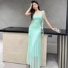 Elegant French Fairy Mesh Camisole Maxi Dress - Travel, Resort, Pleated, Cinched Waist, Hip-Hugging Mermaid Style for Women.