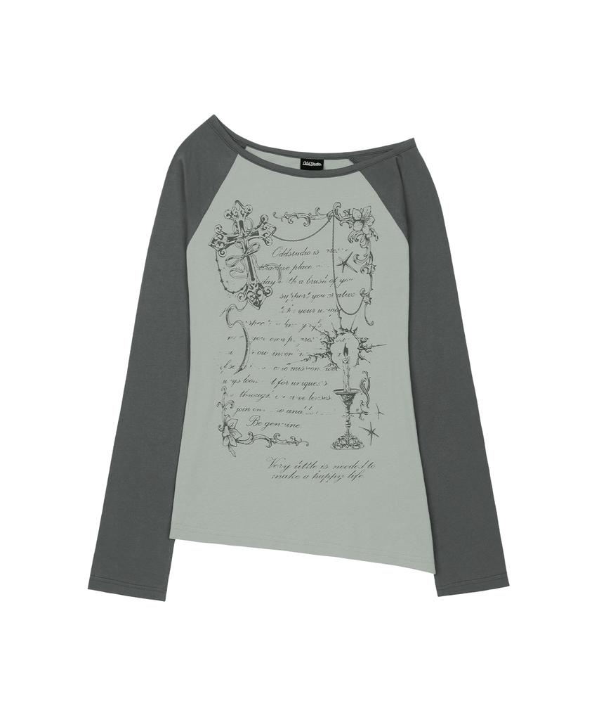 ODDSTUDIO Cross Ornament Off-Shoulder Raglan Long Sleeve - Ash Gray