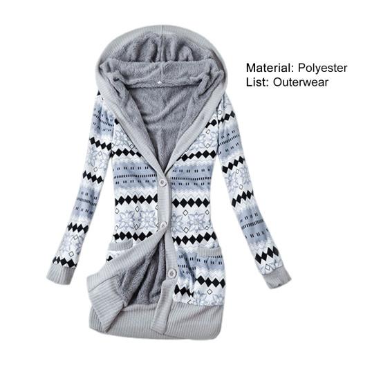 Striped Print Long Sleeve Sweater Coat Autumn Winter Buttons Closure Hooded Plush Lining Sweater Cardigan Outerwear