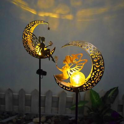 Moon Solar Light Waterproof Garden Decoration Lamp Iron Art Elf Flower Fairy Lamp LED Glass Ball Garden Light for Outdoor Yard