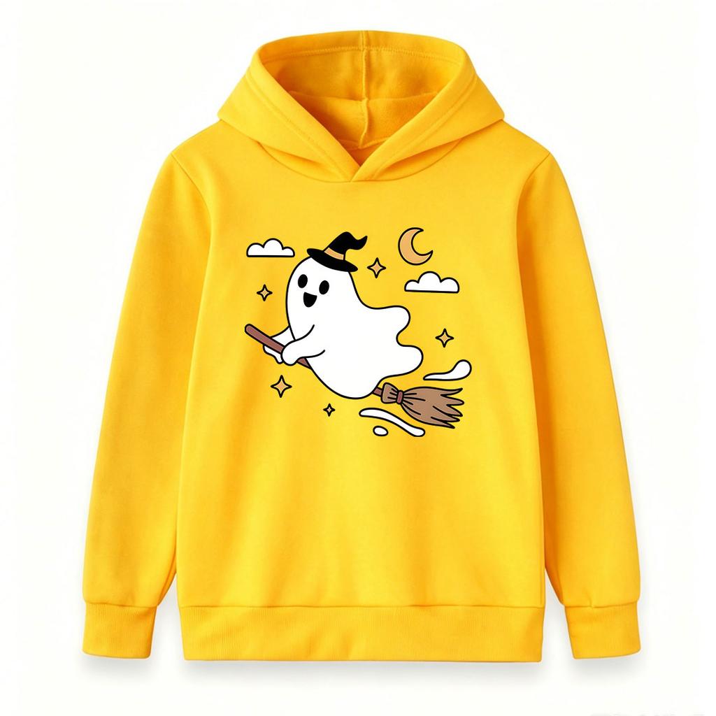 Kids Boys Girls Hoodie, Cute Halloween Ghost Witch Broom Print Pullover Sweatshirt, Casual Soft Long Sleeve Hooded Top for Halloween Party Daily Wear