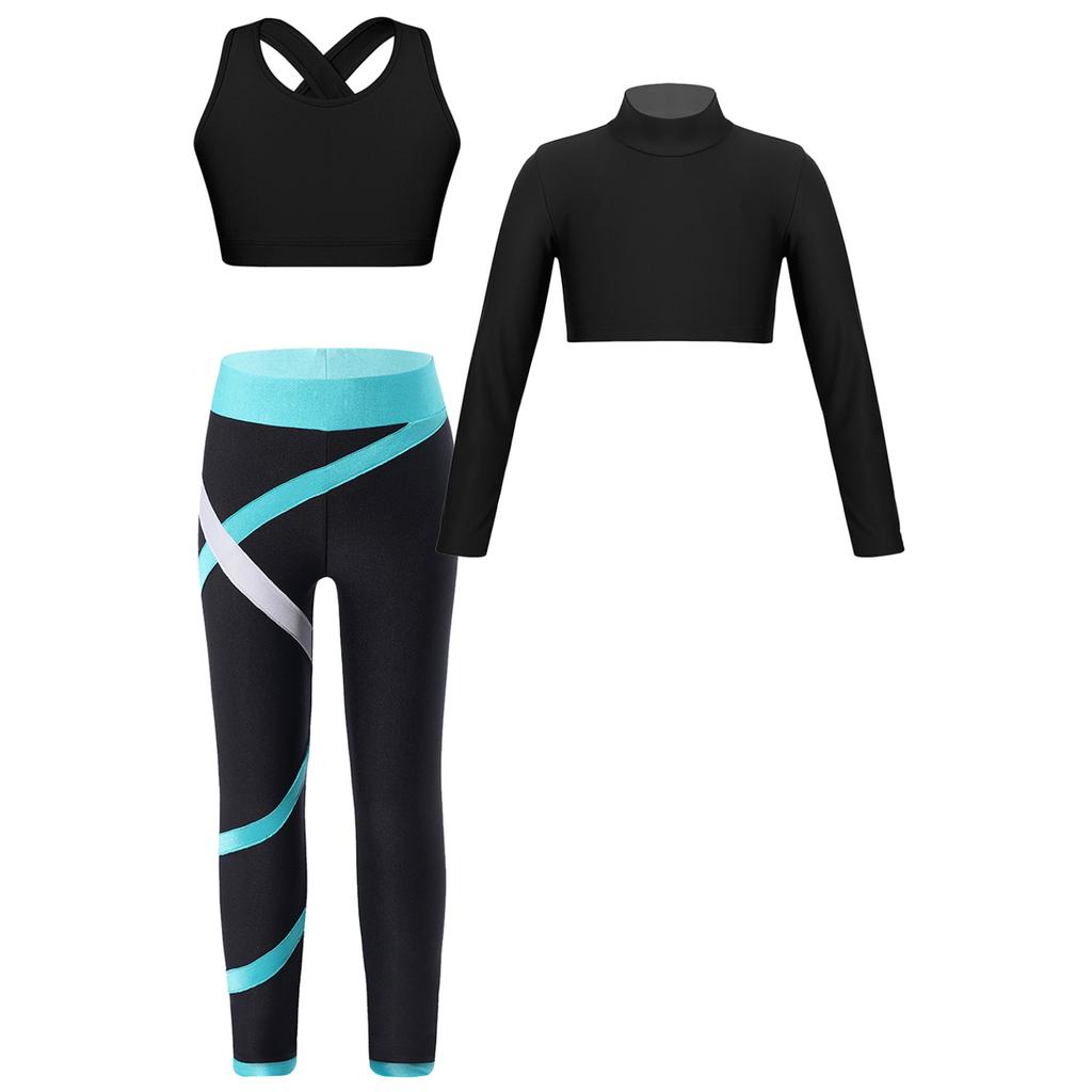 Gyerek lányok sporttánc gimnasztika torna felső atlétikai leggings készlettel, 3 részes tornatermi jóga edzés ruhák