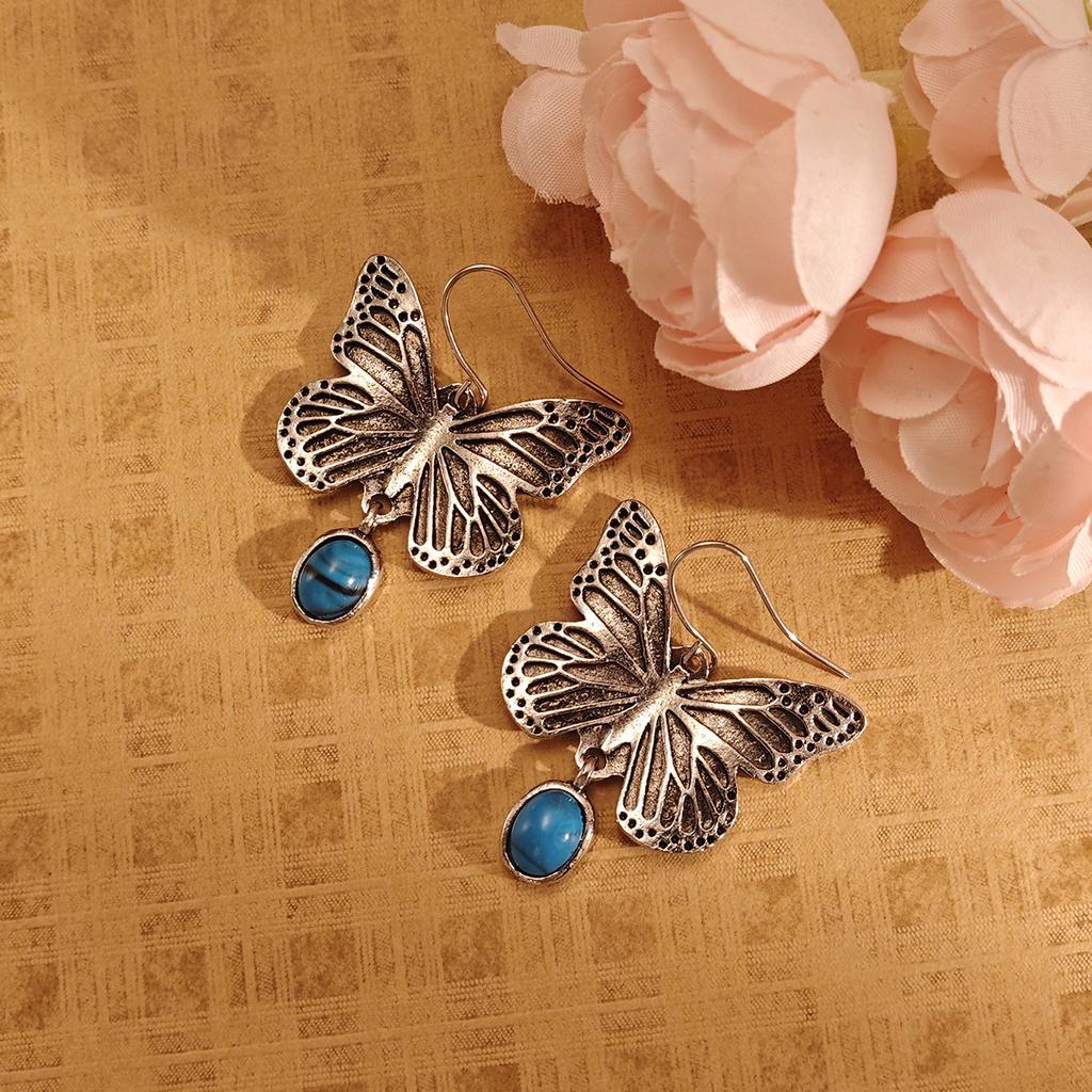 Retro Butterfly Blue Round Bead Ear Hook Female, National Style, Hong Kong Style, Personality Trend Temperament, Simple Earrings