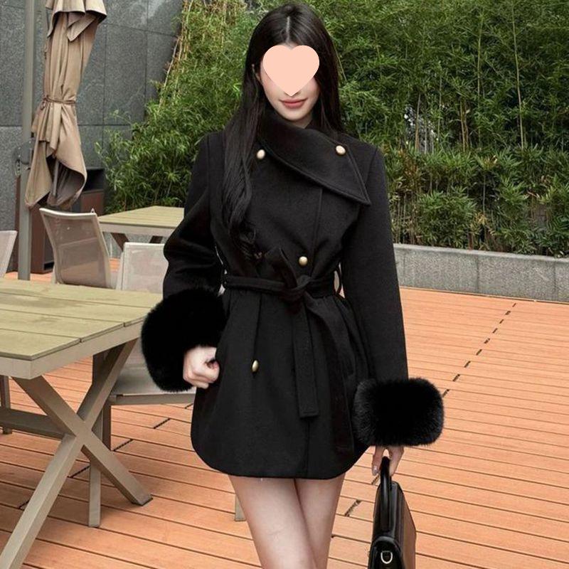 Eleganter Wollmantel mit Pelzmanschetten - Slim Fit Winter 2025 Damen Chic Neuheit