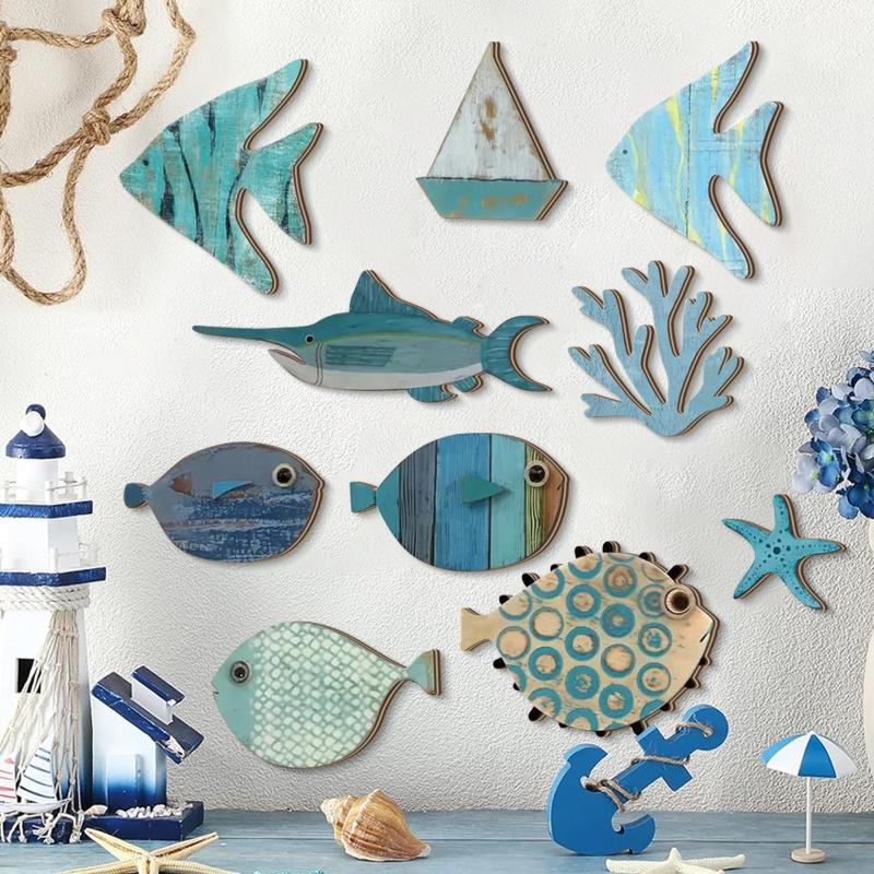 10 Stuks/Set Vis Muurdecoratie Houten Vis Hanger Strand Thema Badkamer Kunst Nautisch Kust Oceaan Huisdecoratie